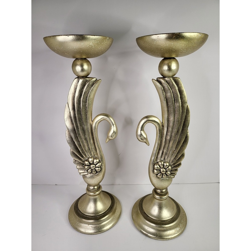Vintage 1980s Art Deco Gold Swan Pillar Candle Holders - Hollywood Regency 15.5"